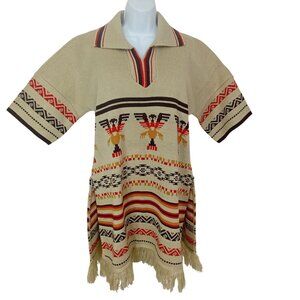 Vintage 70s-80s Aztec Southwestern Sweater Tunic Collar SSL Slits Fringe -10/12